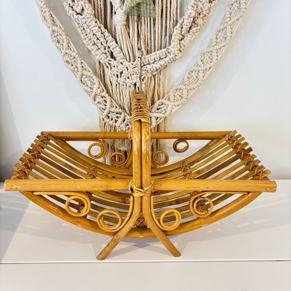 BOHO rattan bamboo mid century magazine rack towel holder MCM decor stand - Picture 2 of 15